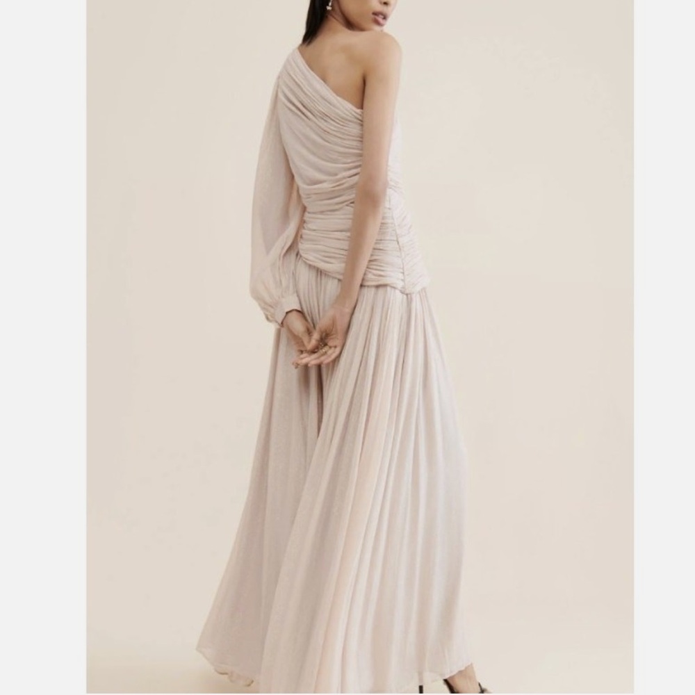 BHLDN Jade Metallic One-Shoulder Asymmetrical-Waist Gown Antgropologie - Picture 4 of 7